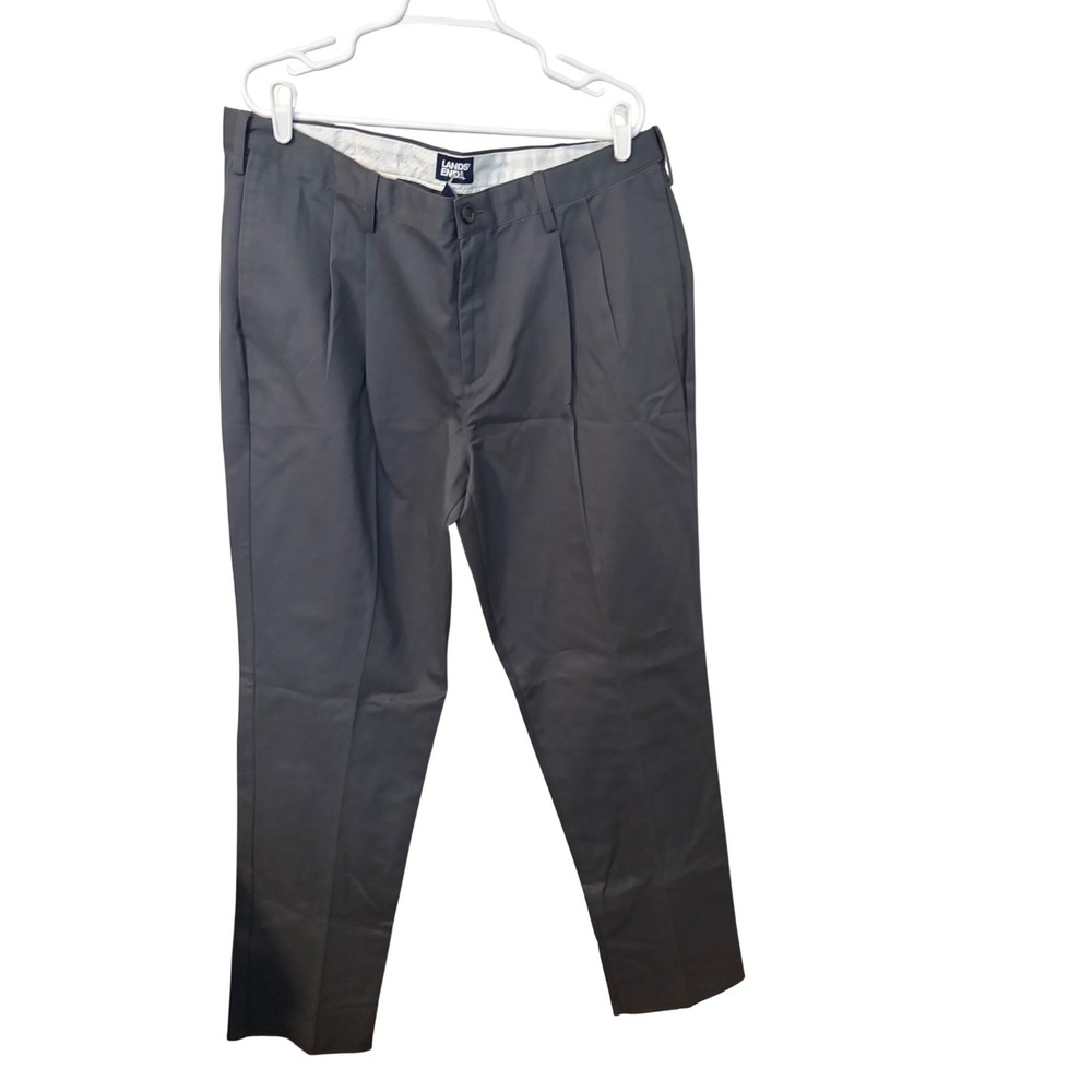 Lands End Mens 40 Traditional Fit Pleated Chino‎ Trousers Dark Gray Cotton Pants